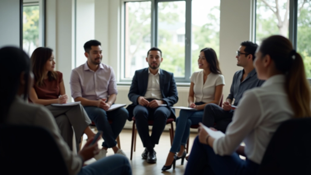 Group of professionals in a workshop setting discussing presentation skills