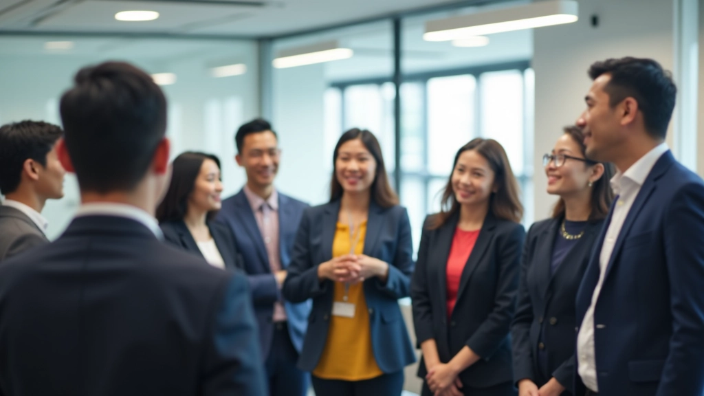 Group of professionals practicing public speaking techniques in supportive workshop environment with instructor providing feedback
