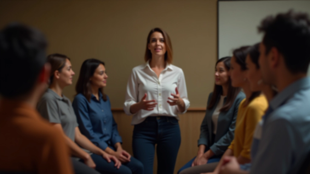 Small group of professionals practicing short structured talks in supportive workshop setting