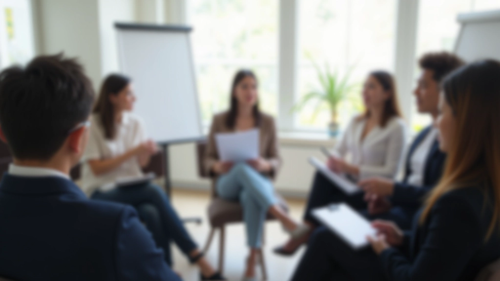 Group of diverse participants giving feedback and notes during presentation practice session