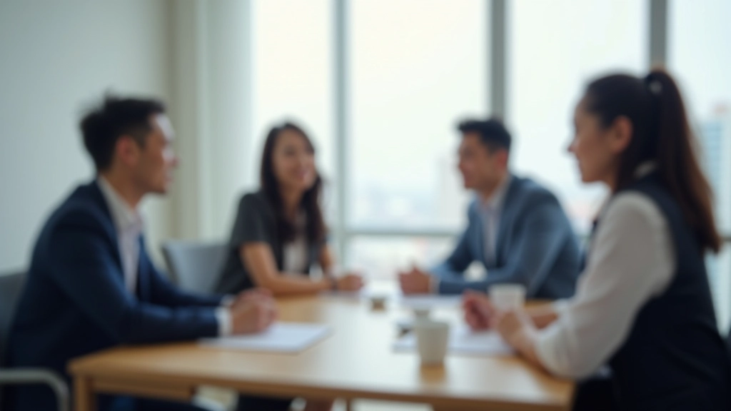 Group of diverse professionals in meeting room, one person asking question while others listen attentively