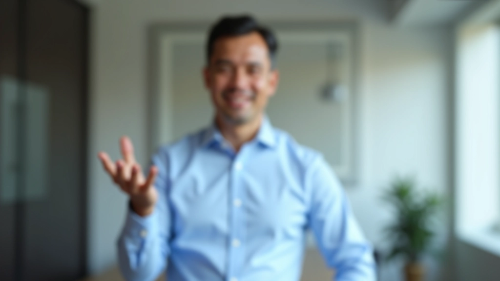 Male professional speaker demonstrating confident hand gesture and open posture while addressing audience