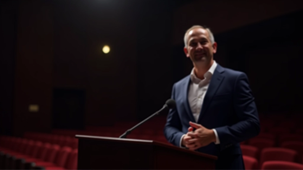 Professional speaker demonstrating confident presentation technique with clear vocal projection and composed posture