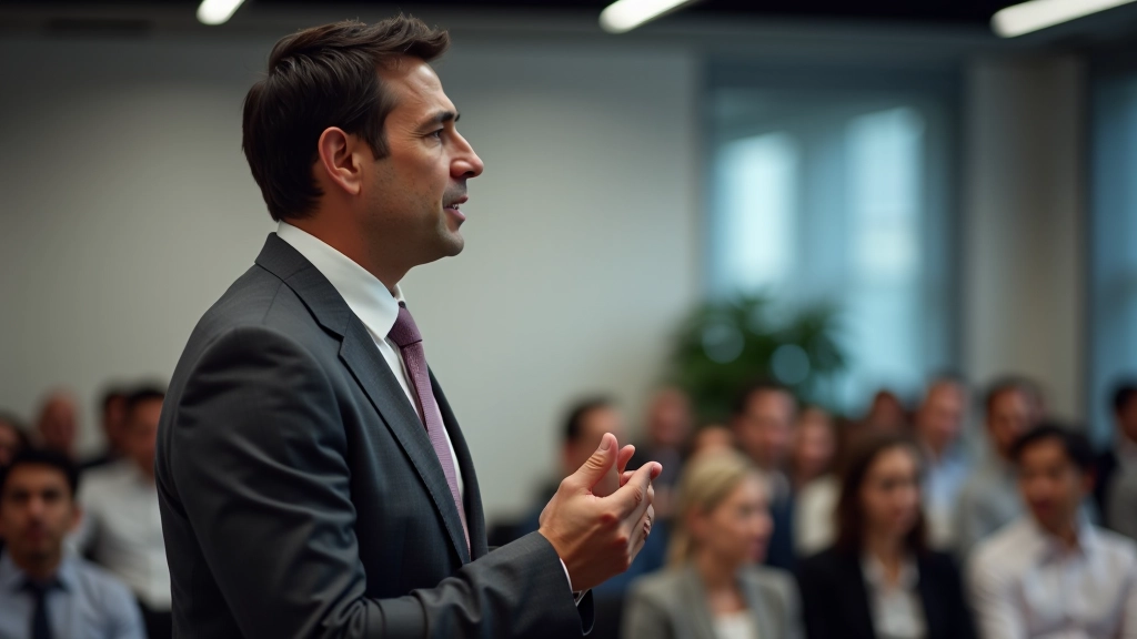 Professional presenter standing confidently while speaking to engaged audience members, clear confident posture
