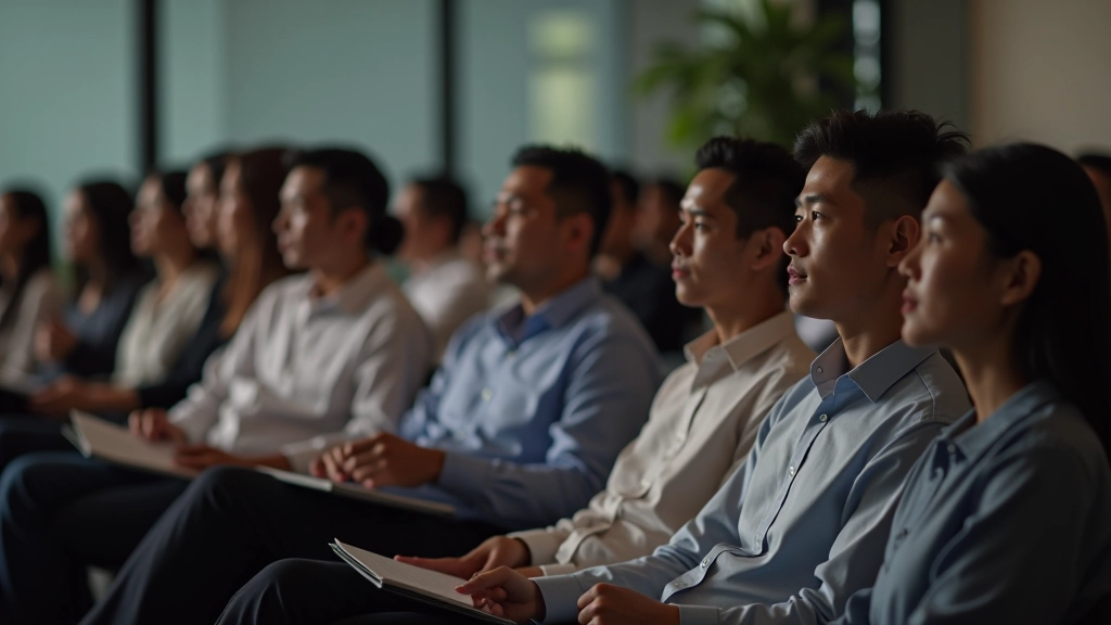 Speaker pausing thoughtfully during presentation, audience listening intently with engaged expressions