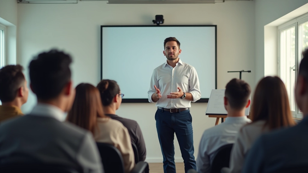 Workshop facilitator demonstrating proper posture and breathing techniques with attentive participants in training environment