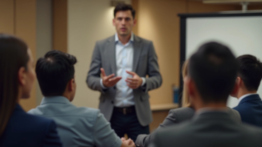 Group of professionals engaged in audience Q&A session with speaker answering questions thoughtfully