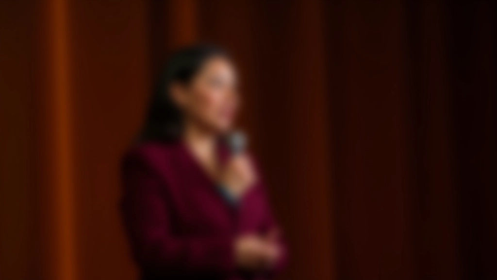 Speaker on stage pausing thoughtfully with hand gesture, audience in background, contemplative expression