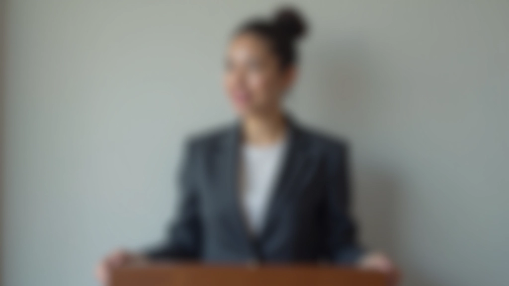 Professional woman practicing presentation at podium with confident posture and clear expression