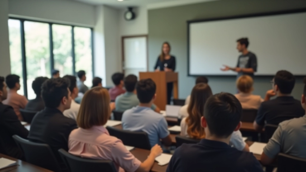 Professional presentation workshop environment with diverse participants practicing speaking skills in a modern training room with supportive atmosphere